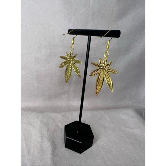 Handmade Gold Large Pot Leaf Dangly Earrings With Black Detailing - Picture 3 of 3